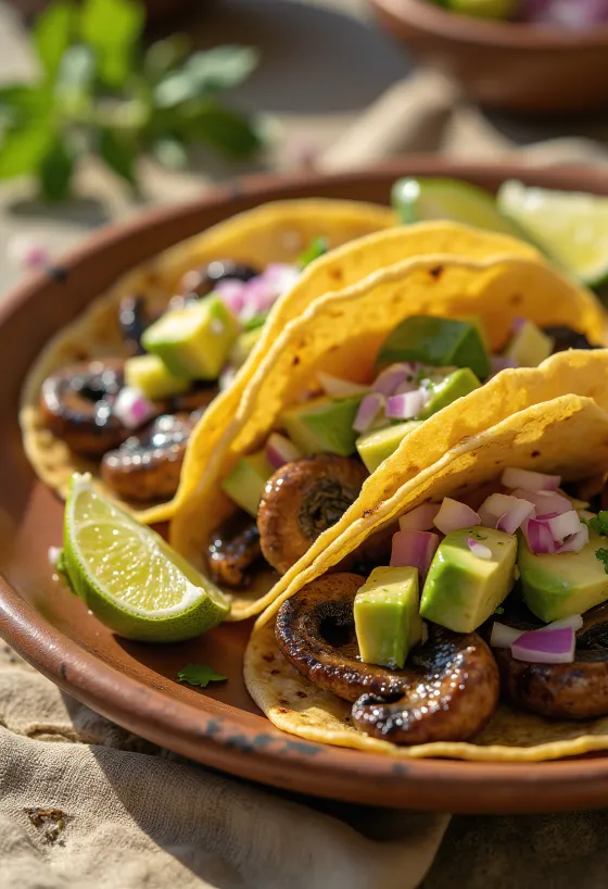 Gombás Taco pirított fűszeres gombával, korianderrel és friss zöldségekkel