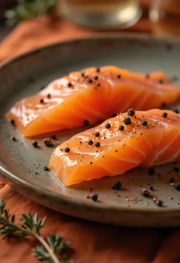 Gravlax borókabogyóval tálalva, friss kaporral és fűszeres marináddal