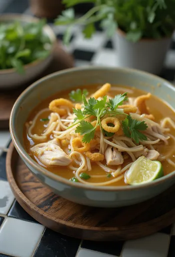 Hủ tiếu csirkével, friss korianderrel és zöldhagymával tálalva, gazdag leves alaplével.