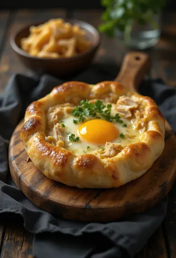 Khachapuri csirkével, friss, aranybarna sajtos lepények csirkehússal