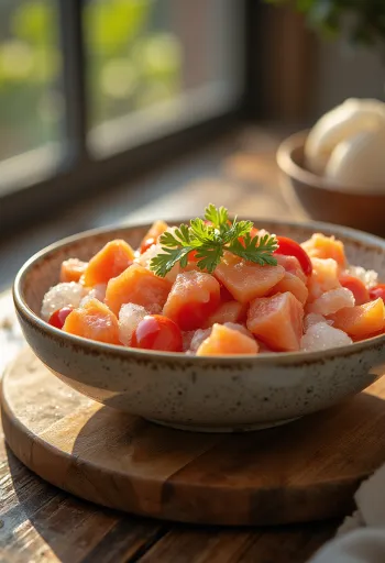 Lomi salmon friss paradicsommal és zöldhagymával egy tálban, hidegen tálalva