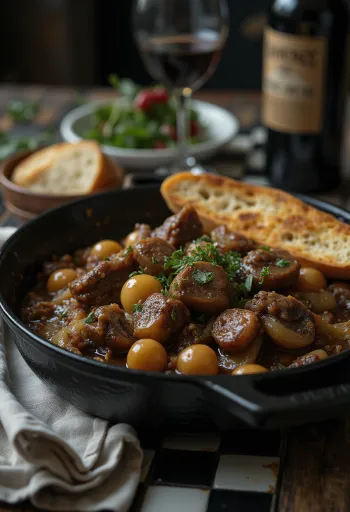 Marha Bourguignon, vörösboros marhapörkölt párolt zöldségekkel tálalva