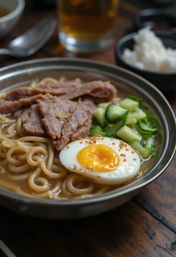 Mul naengmyeon tálalva, hideg leves naengmyeon tésztával, marhahússal és tojással