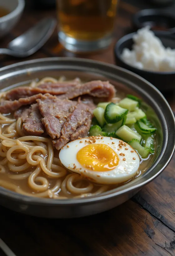 Mul naengmyeon tálalva, hideg leves naengmyeon tésztával, marhahússal és tojással