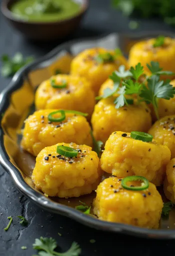 Nylon khaman dhokla, friss korianderrel és fűszeres temperálással tálalva