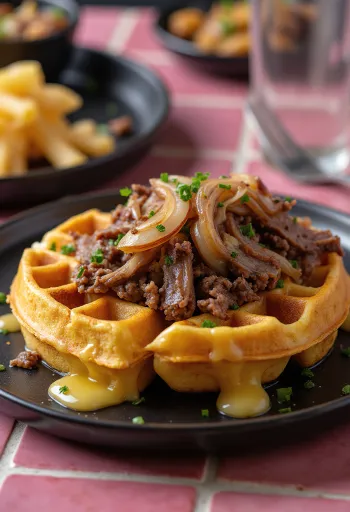 Philly cheesesteak gofri frissen sütve marhahússal, paprikával és provolone sajttal