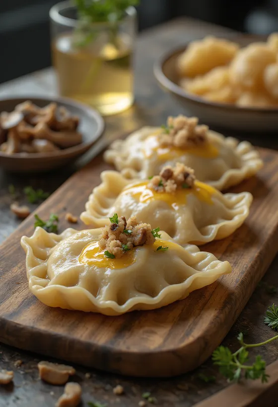 Pierogi gombával, gombás töltelékkel és pirított hagymával tálalva