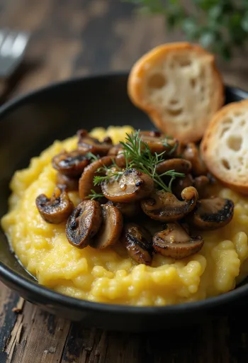 Krémes polenta sült gombával tálalva, rustikus kerámia tálban