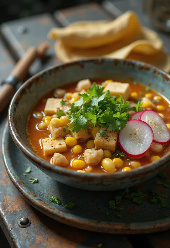 Pozole vegetariano, mexikói vegetáriánus leves hominy kukoricával, tofut és zöldségekkel