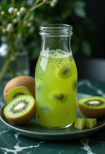 Probiotikus Kivifruit kombucha, friss kivi gyümölccsel és lime-mal tálalva