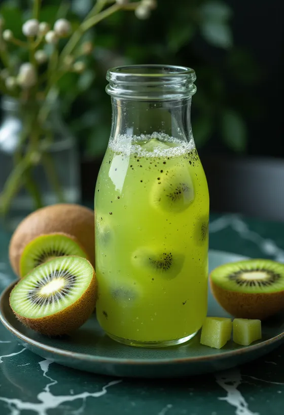 Probiotikus Kivifruit kombucha, friss kivi gyümölccsel és lime-mal tálalva