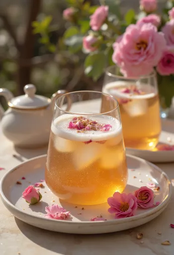 Rózsavizes kombucha poharakban tálalva, finom rózsaszirom díszítéssel