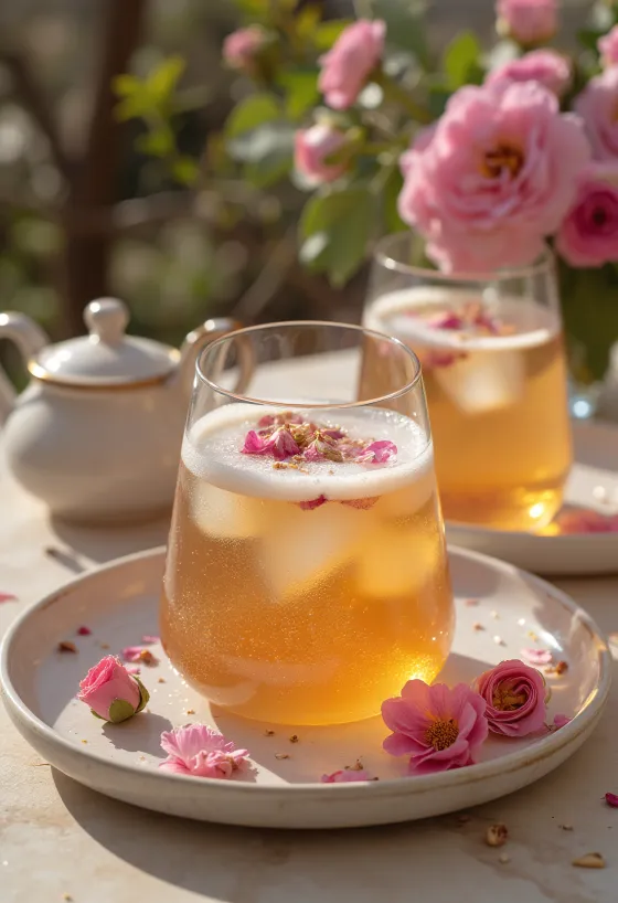 Rózsavizes kombucha poharakban tálalva, finom rózsaszirom díszítéssel