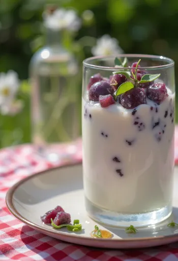 Szilvás kefir pohárban, bazsalikommal díszítve