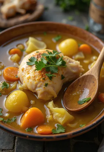 Puchero de gallina, csirkés és zöldséges latin-amerikai leves, friss korianderrel díszítve.