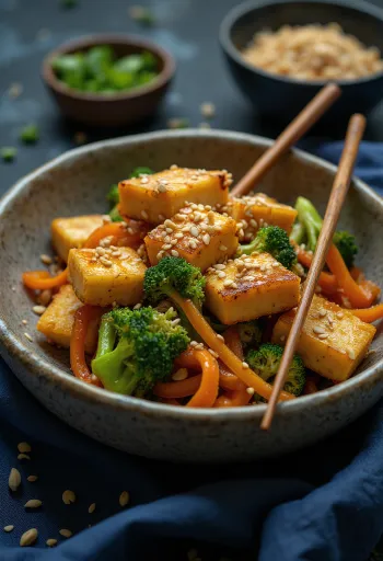 Sült zöldséges tofu tál tálalva