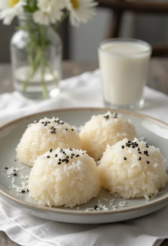Warabi mochi kókusztejjel, finom kókuszreszelékkel és fekete szezámmaggal tálalva