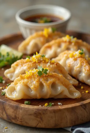 Yuzu Pork Gyoza tálalva ropogós aljjal, citrusos mártogatóval