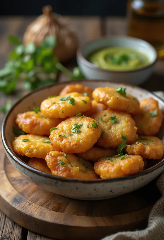 Frissen készült Aloo Bhaji, ropogós burgonya golyókkal
