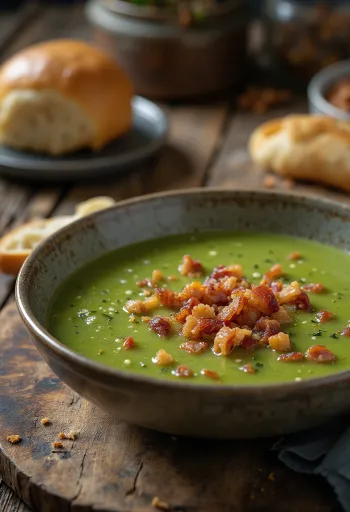 Baconös brokkolikrémleves tálalva