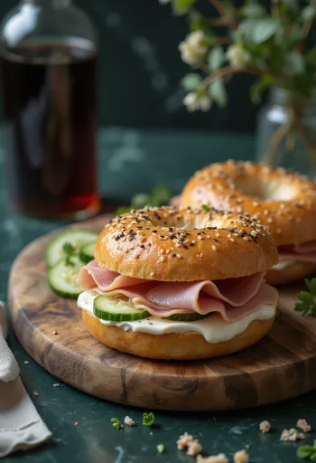 Bagel sonkával, krémsajttal és uborkával díszítve
