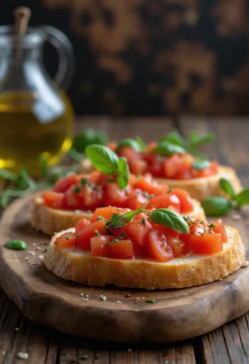 Bruschetta paradicsommal és bazsalikommal tálalva egy rusztikus tányéron