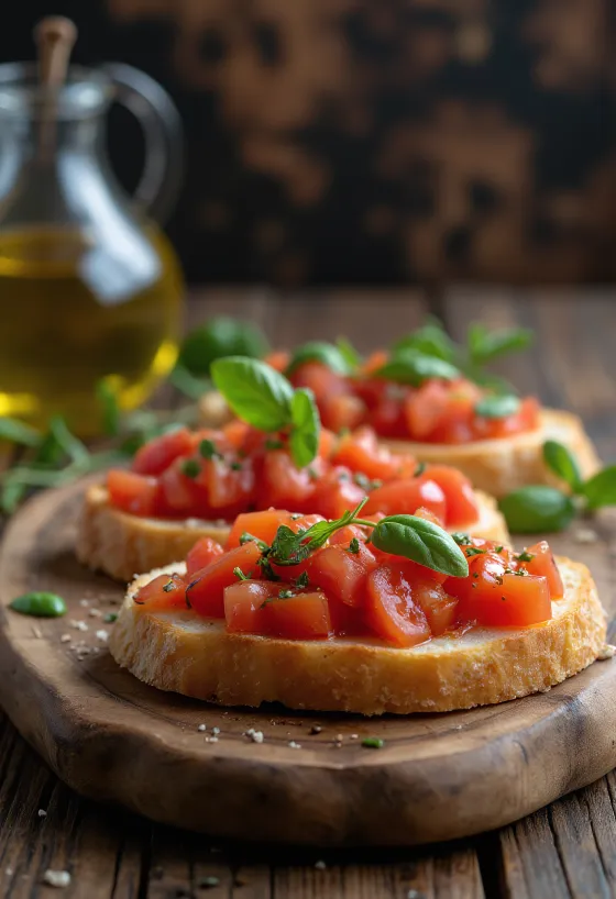 Bruschetta paradicsommal és bazsalikommal tálalva egy rusztikus tányéron