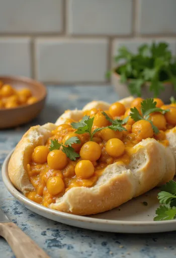 Bunny chow csicseriborsóval tálalva kenyérben, díszítve korianderrel