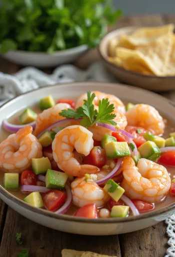 Ceviche de camarón, garnélarák lime-lében marinálva, paradicsommal és avokádóval