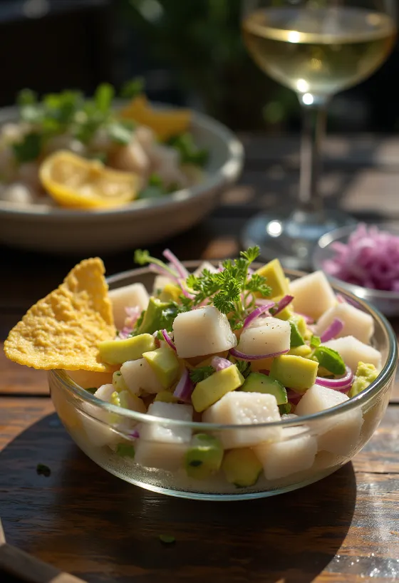Friss ceviche lime-lal, korianderrel és avokádóval tálalva