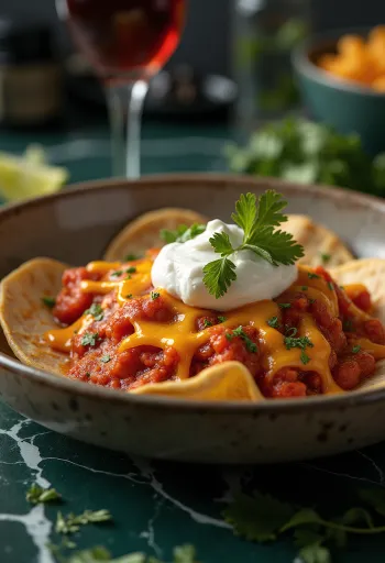 Chilaquiles rojos paradicsomos-chilis szósszal bevonva, reszelt sajttal és tejföllel tálalva