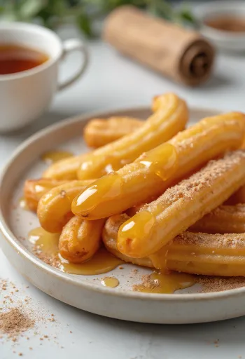 Churros mézzel, aranybarna churrosok mézes mártással tálalva