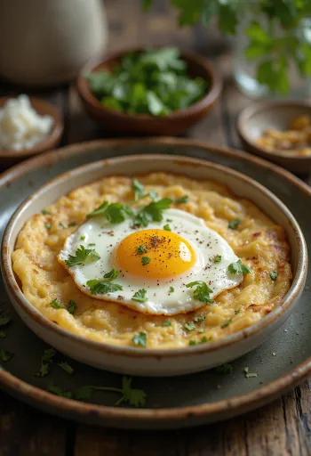 Egg appam serpenyőben, tojással és korianderrel díszítve