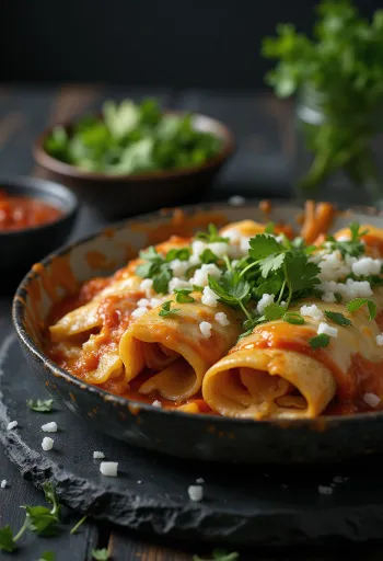 Enchilada hagymával tálalva, tejföllel és korianderrel
