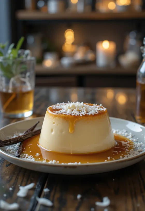 Flan kókuszreszelékkel, karamellizált cukorral