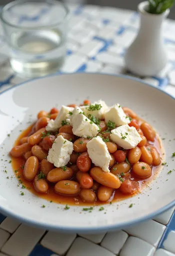Gigantes plaki feta sajttal megszórva, tálalva petrezselyemmel és friss kenyérrel