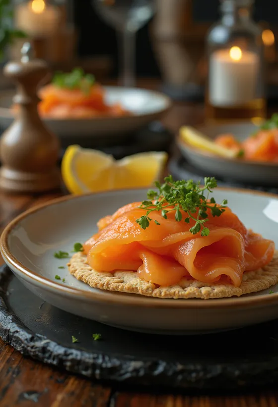 Gravlax citromfűvel, friss hal szeletekkel és zöldségekkel