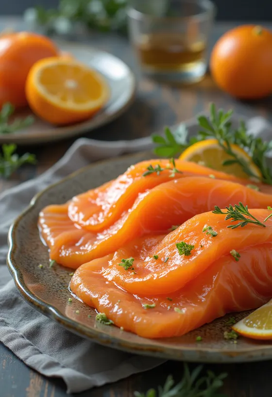 Gravlax narancslikőrrel, friss kaporral díszítve, narancslikőrös ízekkel