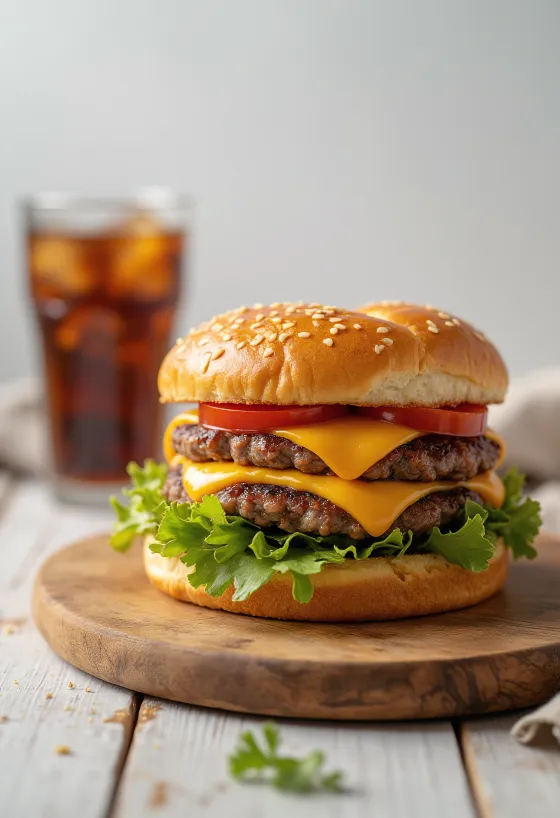 Hamburger dupla húspogácsával tálalva