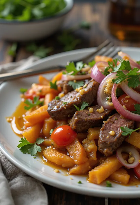 Lomo saltado édesburgonyával tálalva – pirított marhahús, zöldségek és ropogós édesburgonya