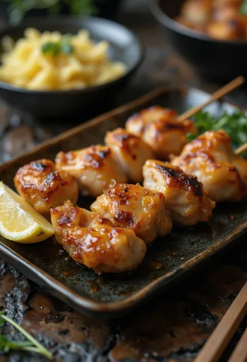Momo yakitori csirkecomb pálcikán, szezámmaggal és friss zöldhagymával tálalva