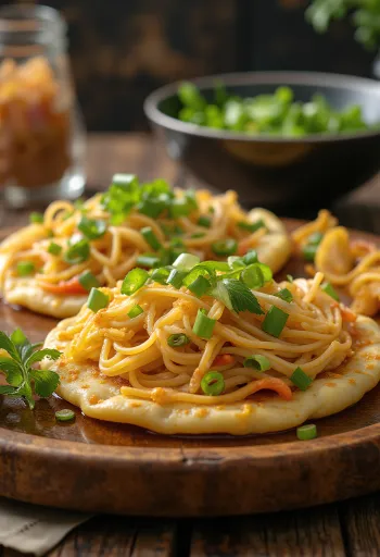 Pancit pancake tálalva, filippínó sós palacsinta tésztával és zöldségekkel