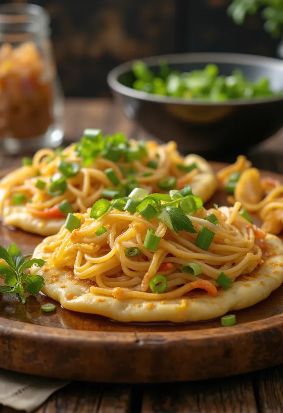Pancit pancake tálalva, filippínó sós palacsinta tésztával és zöldségekkel