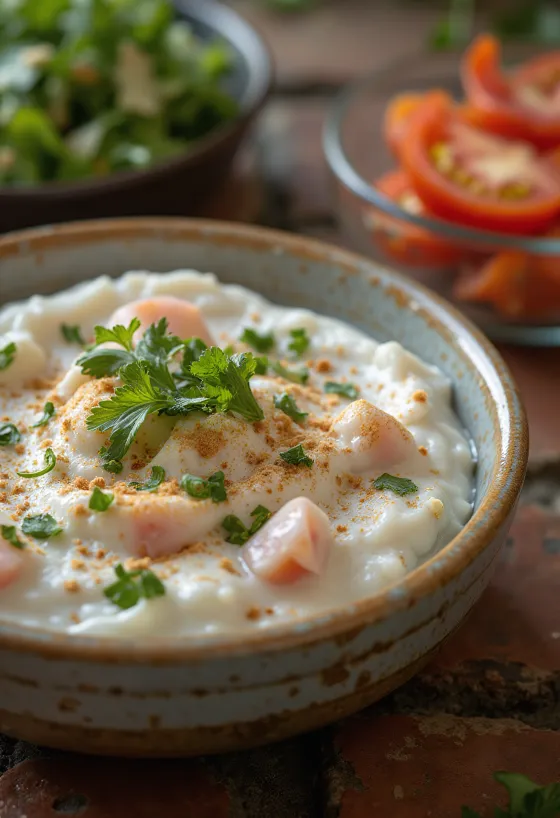 Friss paradicsomos raita joghurttal és korianderrel díszítve