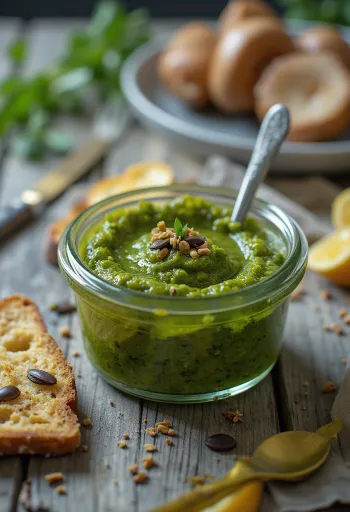 Pesto tökmaggal és bazsalikommal tálalva friss tésztával