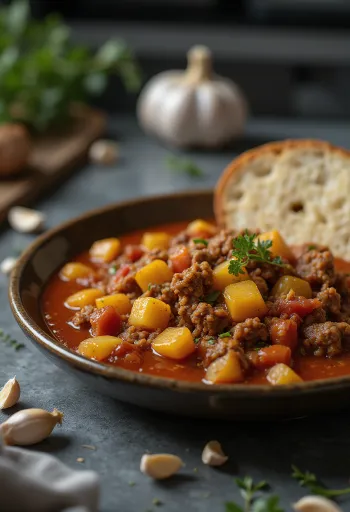 Picadillo darált hússal és burgonyával, gazdag paradicsomos szaftban
