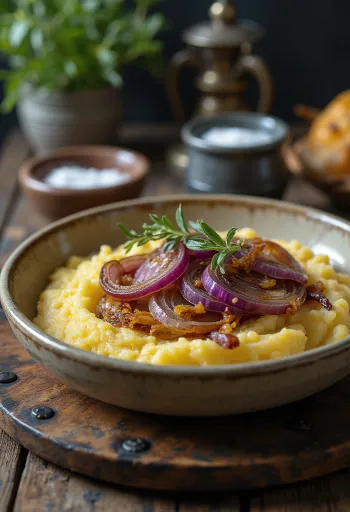 Krémes polenta sült vöröshagymával tálalva, fokhagymás ízesítéssel