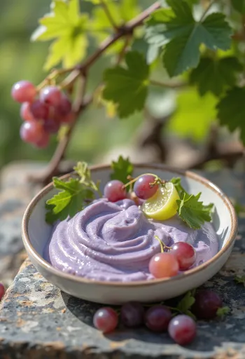 Szőlős joghurt pohárban tálalva, fehér szőlődarabokkal díszítve