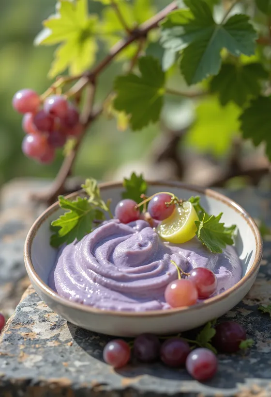 Szőlős joghurt pohárban tálalva, fehér szőlődarabokkal díszítve