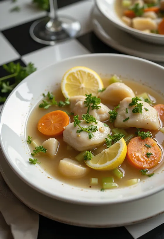 Psarosoupa fehérborral főzve, friss halfilével, zöldségekkel és korianderrel díszítve